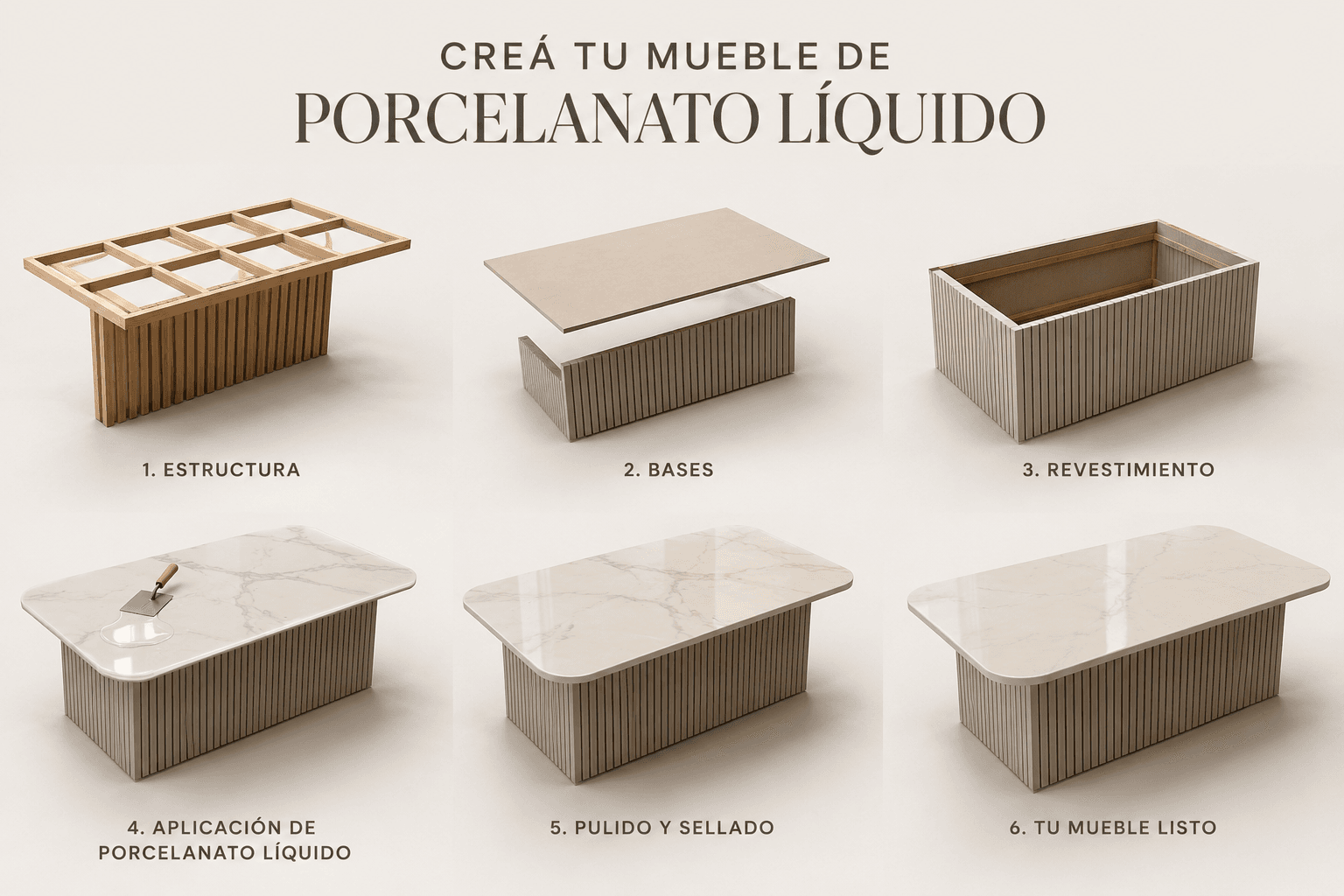 Proceso visual para crear un mueble de porcelanato líquido